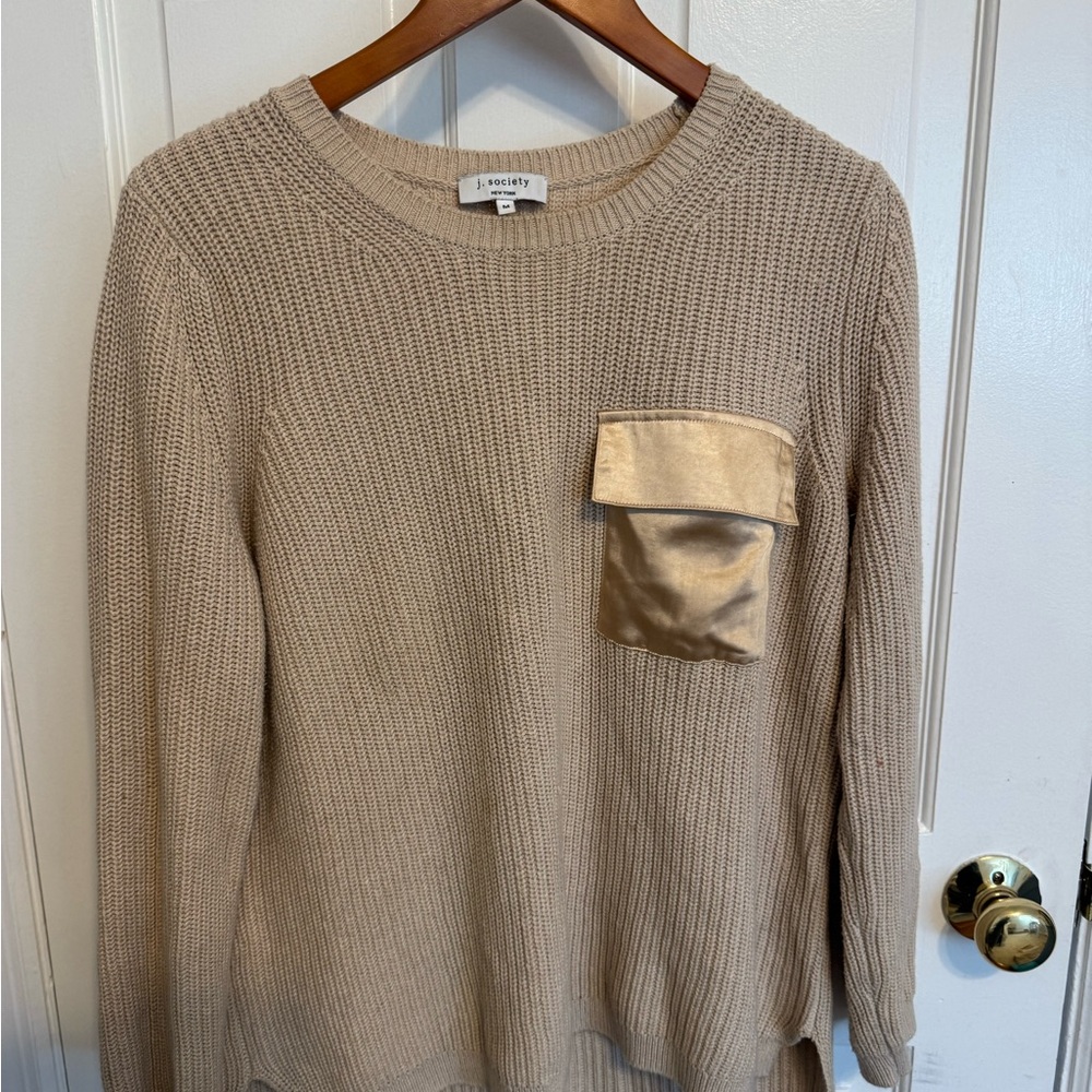 J. Society Beige Textured Sweater with Satin Pocket | Effortless Luxe
